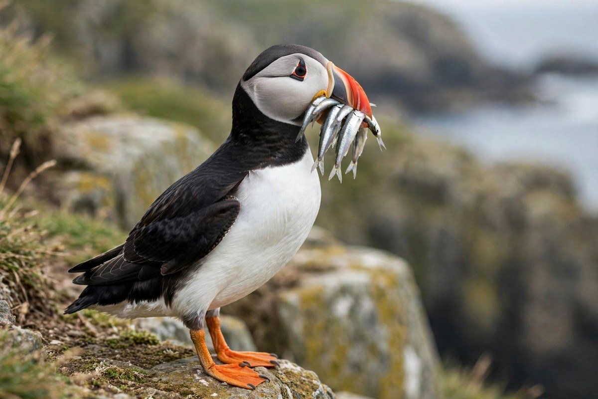 Atlantic puffin standing on a coastal rock holding several small silver fish crosswise in its red-orange bill, 15 puffin facts