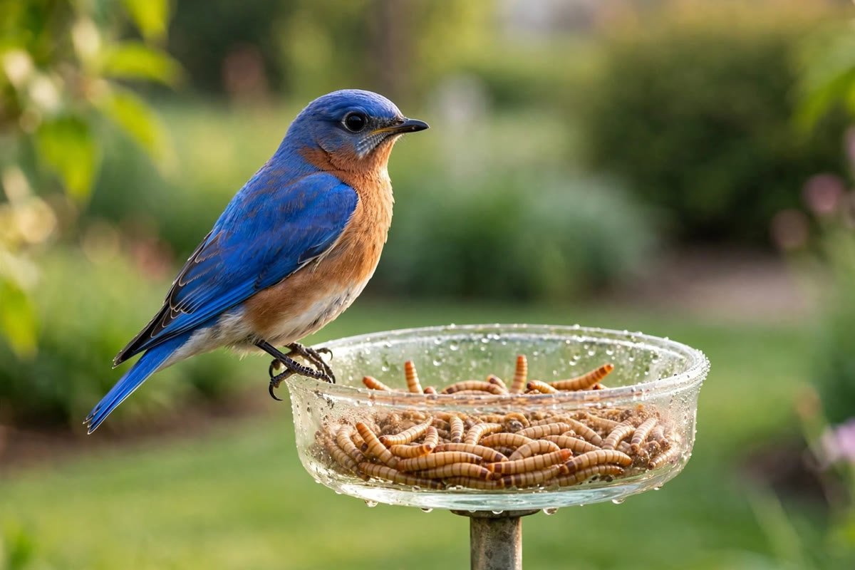Male eastern bluebird perched on a glass dish feeder filled with mealworms for birds