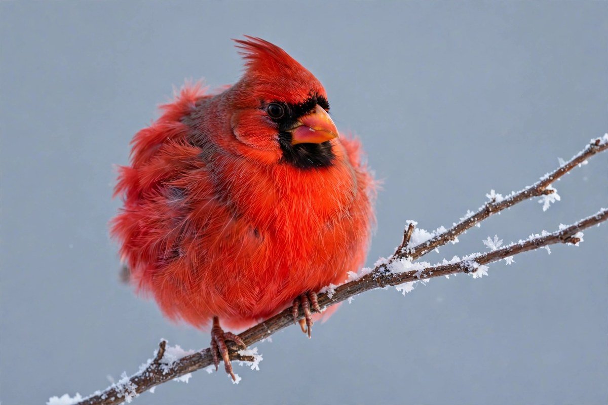 A puffed-up Northern Cardinal on a snow-covered branch, showing why do birds puff up their feathers in cold weather