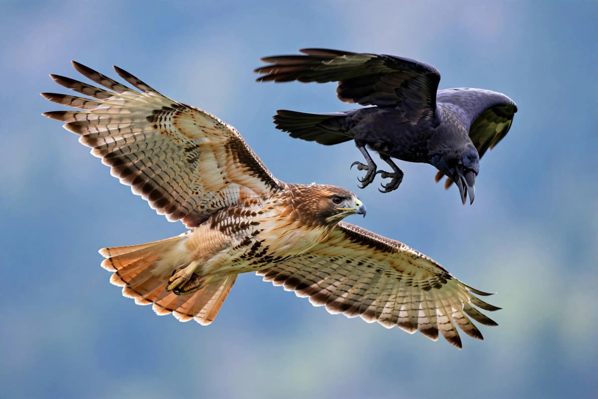 American crow chasing a red-tailed hawk in mid-air, illustrating why small birds chase hawks