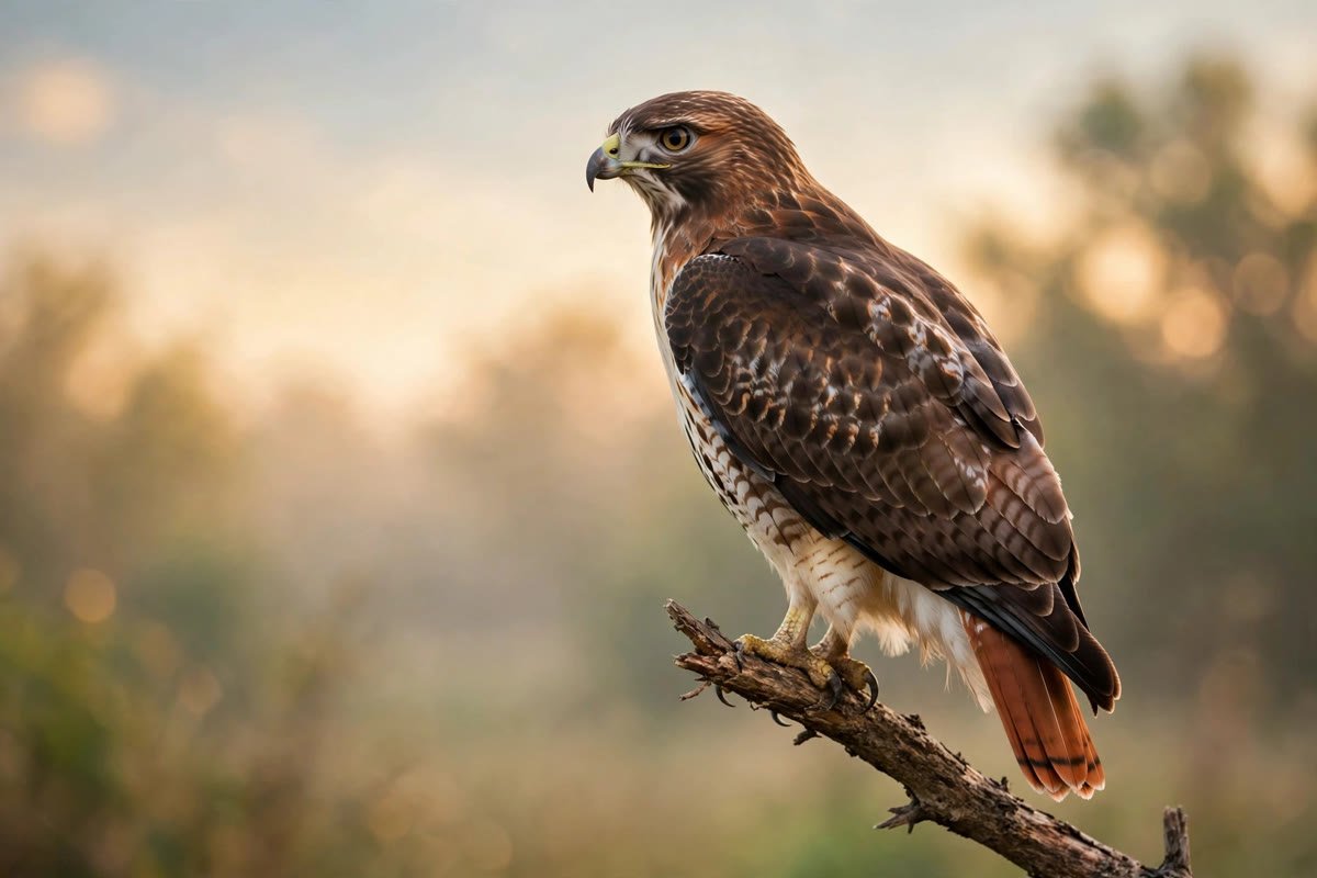 What does it mean when you see a hawk: a red-tailed hawk perched on a bare branch in a sharp regal portrait