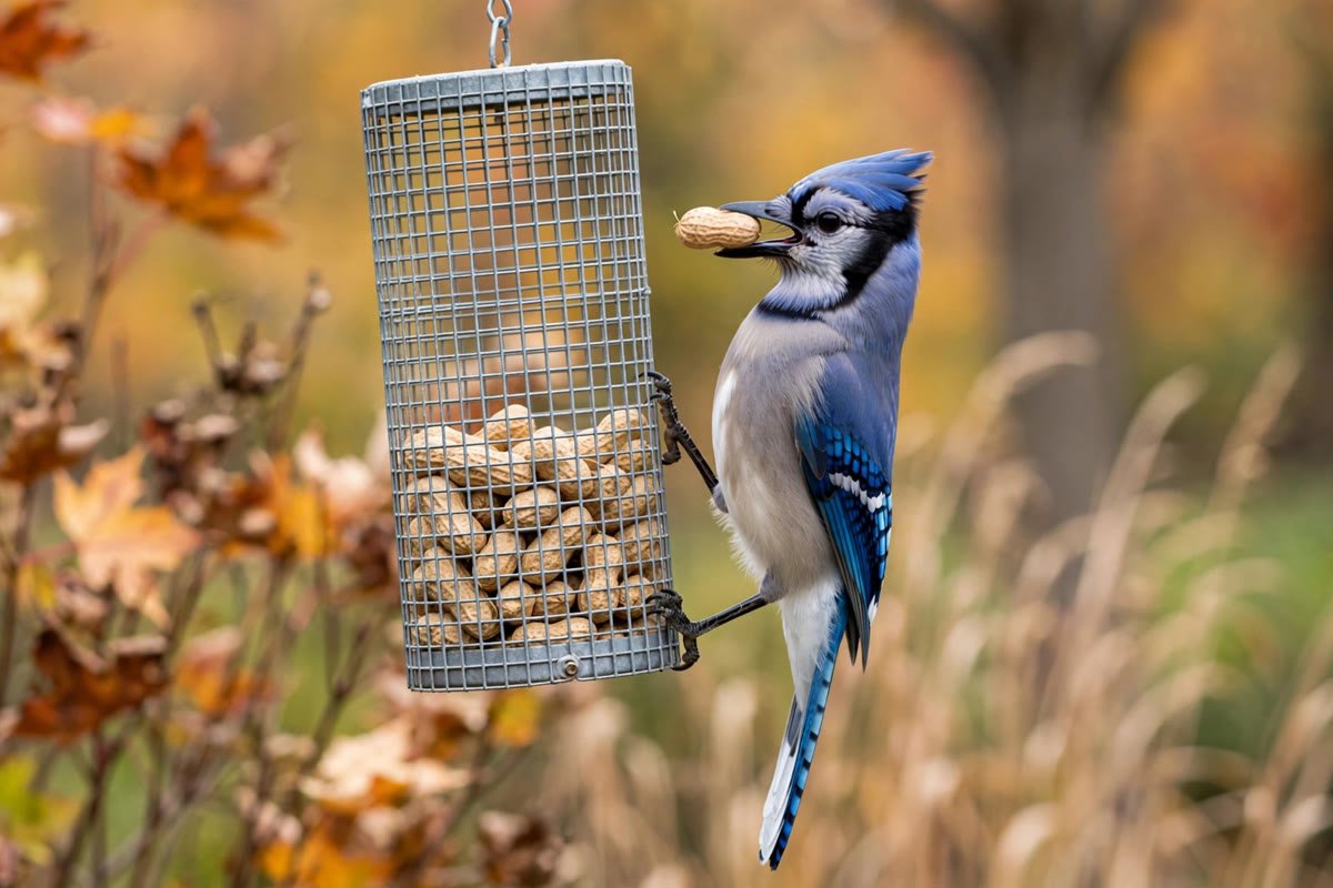 Blue jay holding a peanut in its beak at a wire mesh feeder, showing that birds can eat peanuts