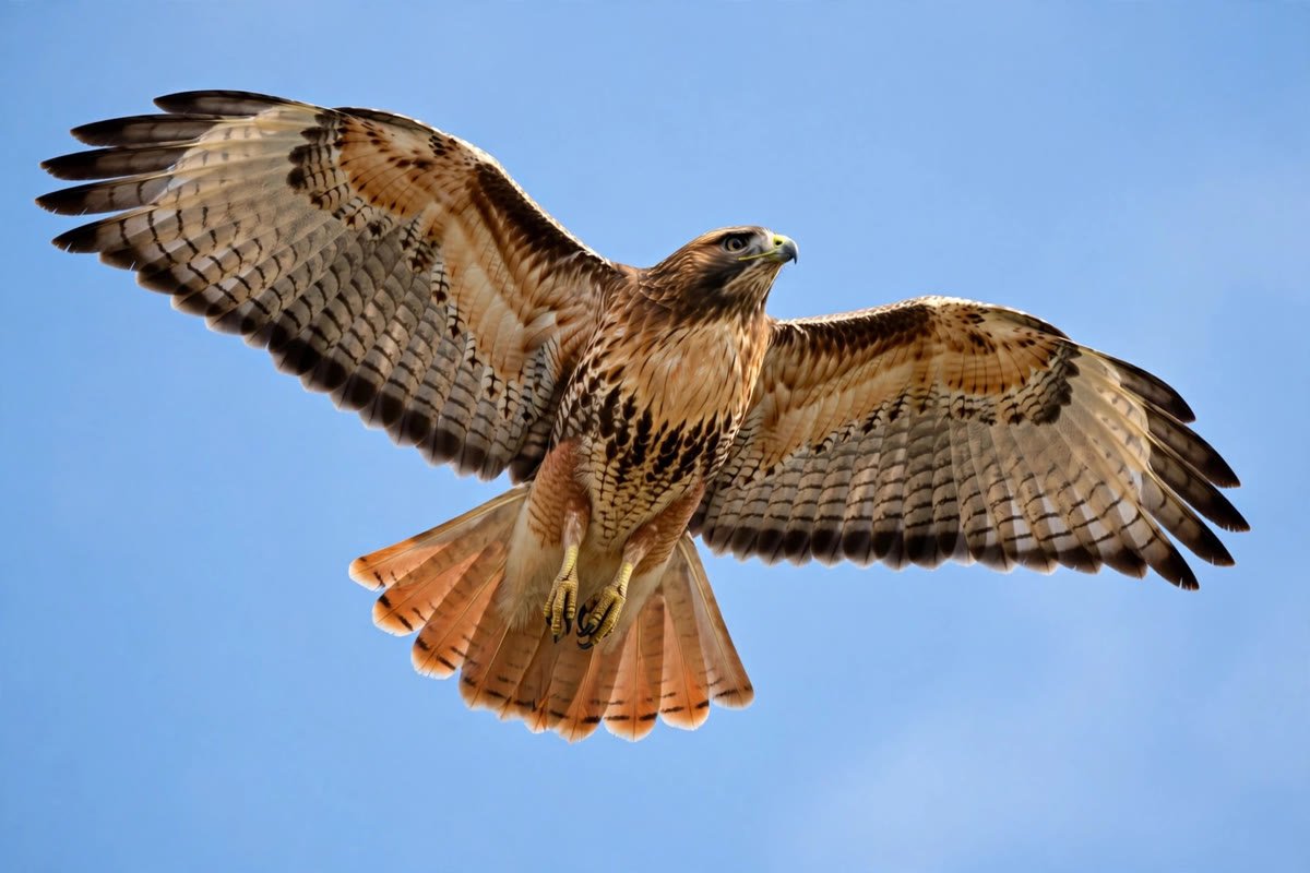 Red-tailed hawk soaring high in a clear blue sky, powered by the avian respiratory system