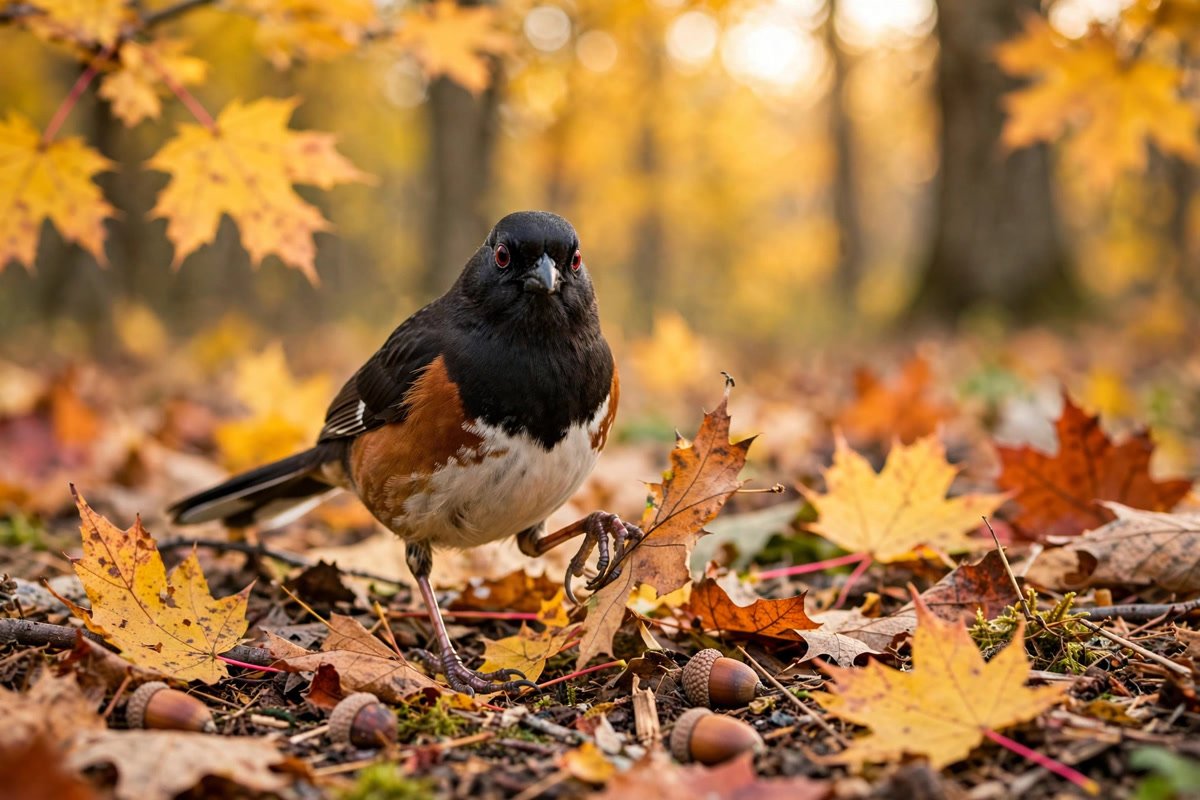 Eastern towhee scratching through colorful fallen autumn leaves, a reason to leave the leaves for birds