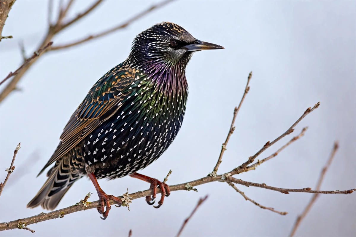 European starling in spotted winter plumage perched on a branch, one half of the starling vs grackle comparison