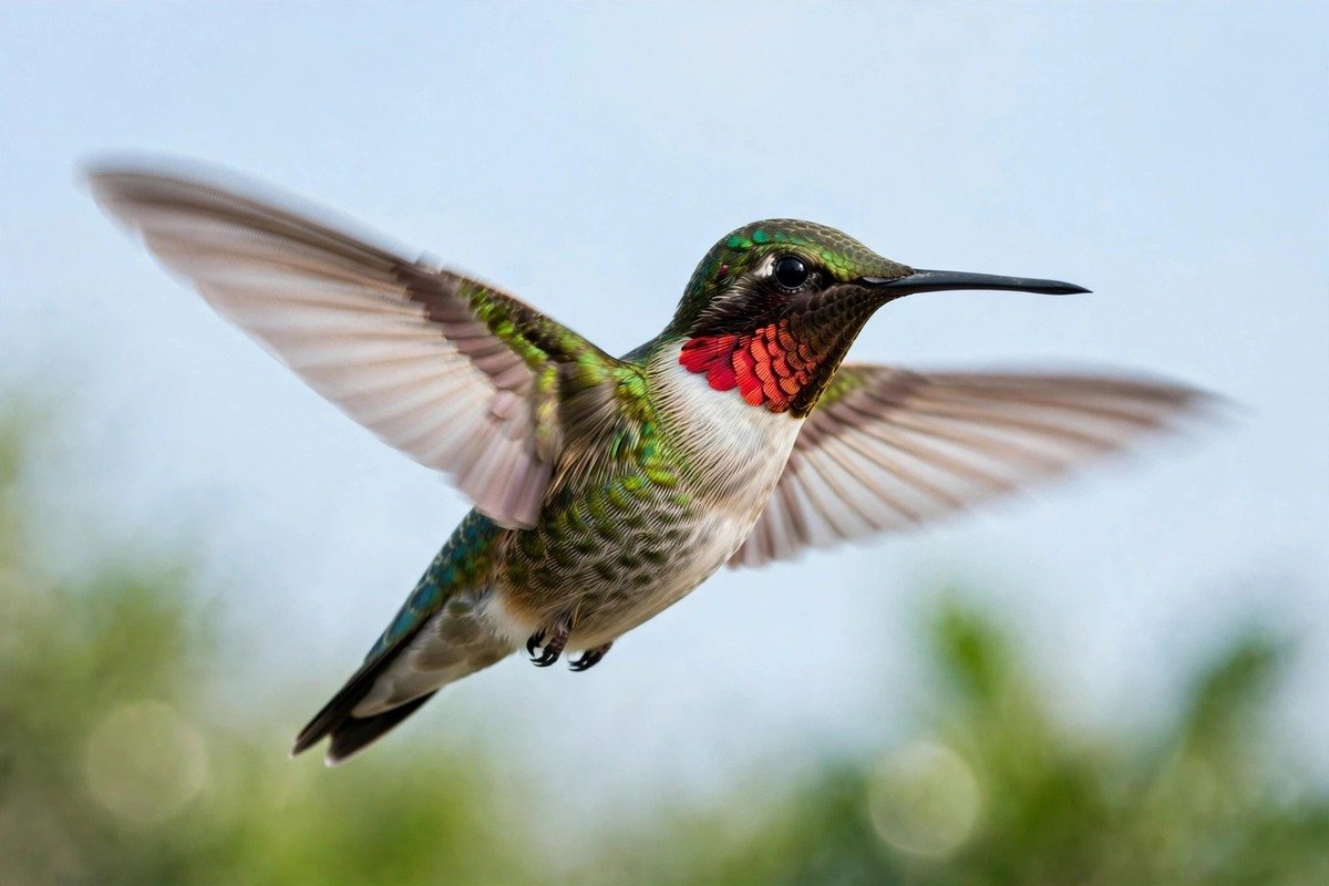 Ruby-throated hummingbird flying low over ocean waves at dawn, illustrating the Gulf of Mexico migration crossing.