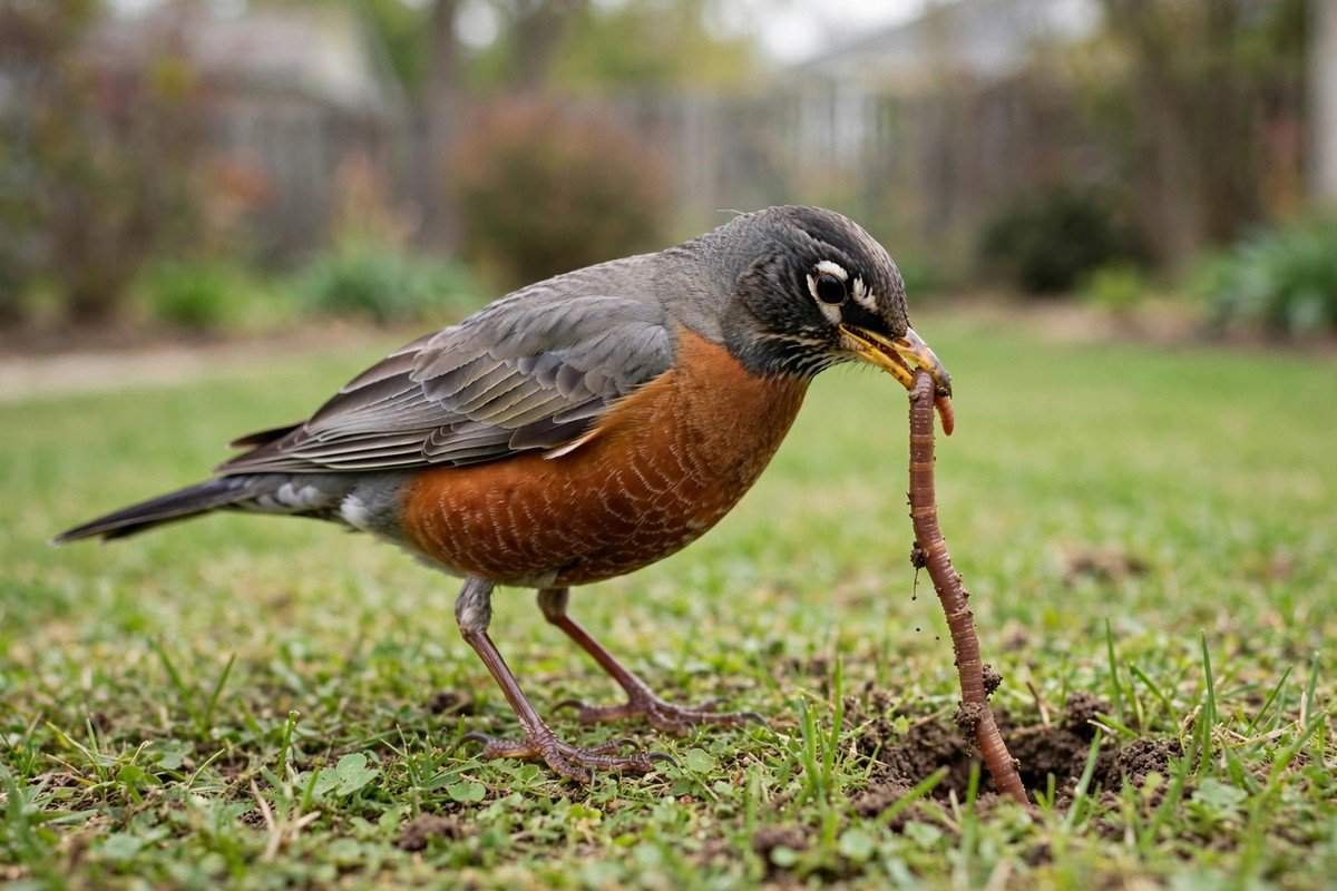 Do Bird Feeders Make Birds Dependent? What Science Says 2 American robin pulling an earthworm from lawn grass, showing natural foraging continues alongside feeder use