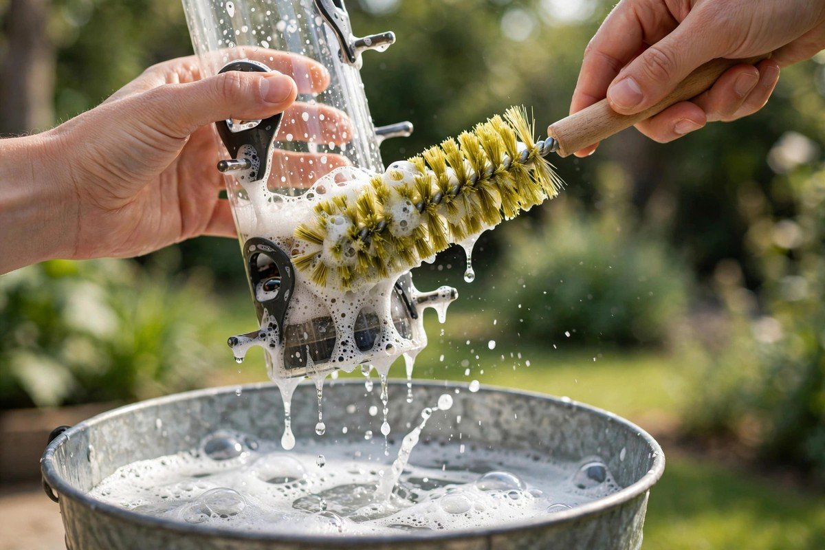 Do Bird Feeders Make Birds Dependent? What Science Says 4 Hands scrubbing a tube bird feeder with a bottle brush over a bucket of soapy water