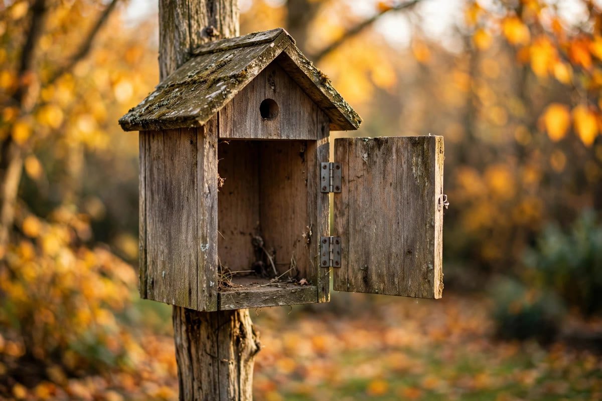 Wooden birdhouse with its side panel opened, showing how to clean out birdhouses in fall, in an autumn backyard