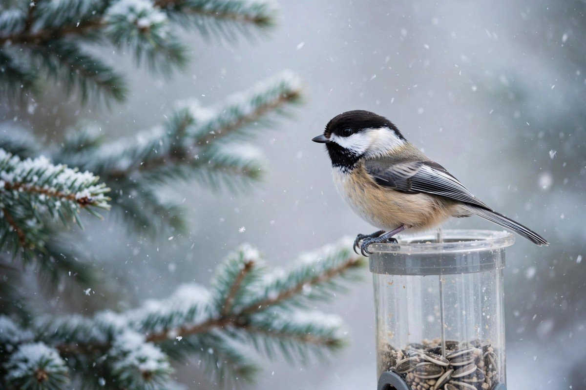 A black-capped chickadee at a winter feeder, illustrating research on whether bird feeders make birds dependent