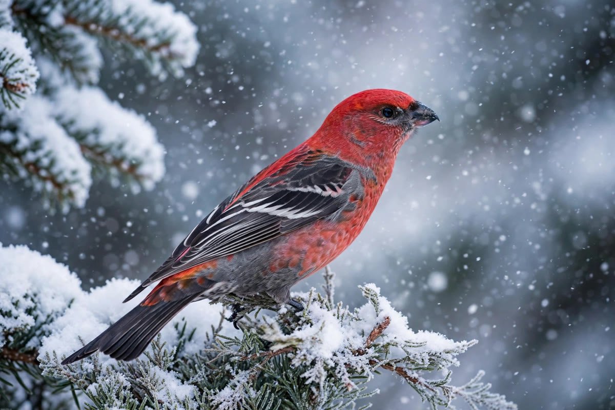 Male pine grosbeak with rosy red plumage perched on a snow-covered evergreen branch during a winter finch irruption