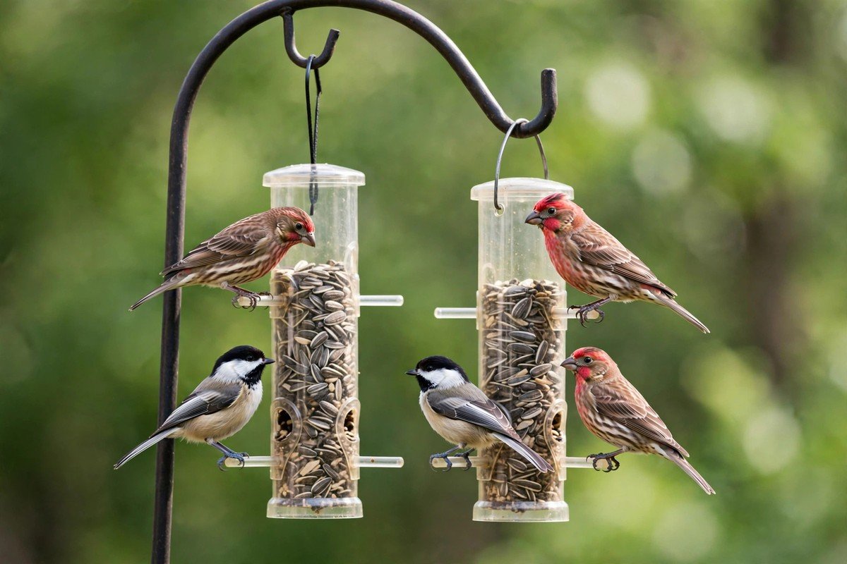 Do Bird Feeders Make Birds Dependent? What Science Says 3 House finches and black-capped chickadees feeding at two backyard tube feeders