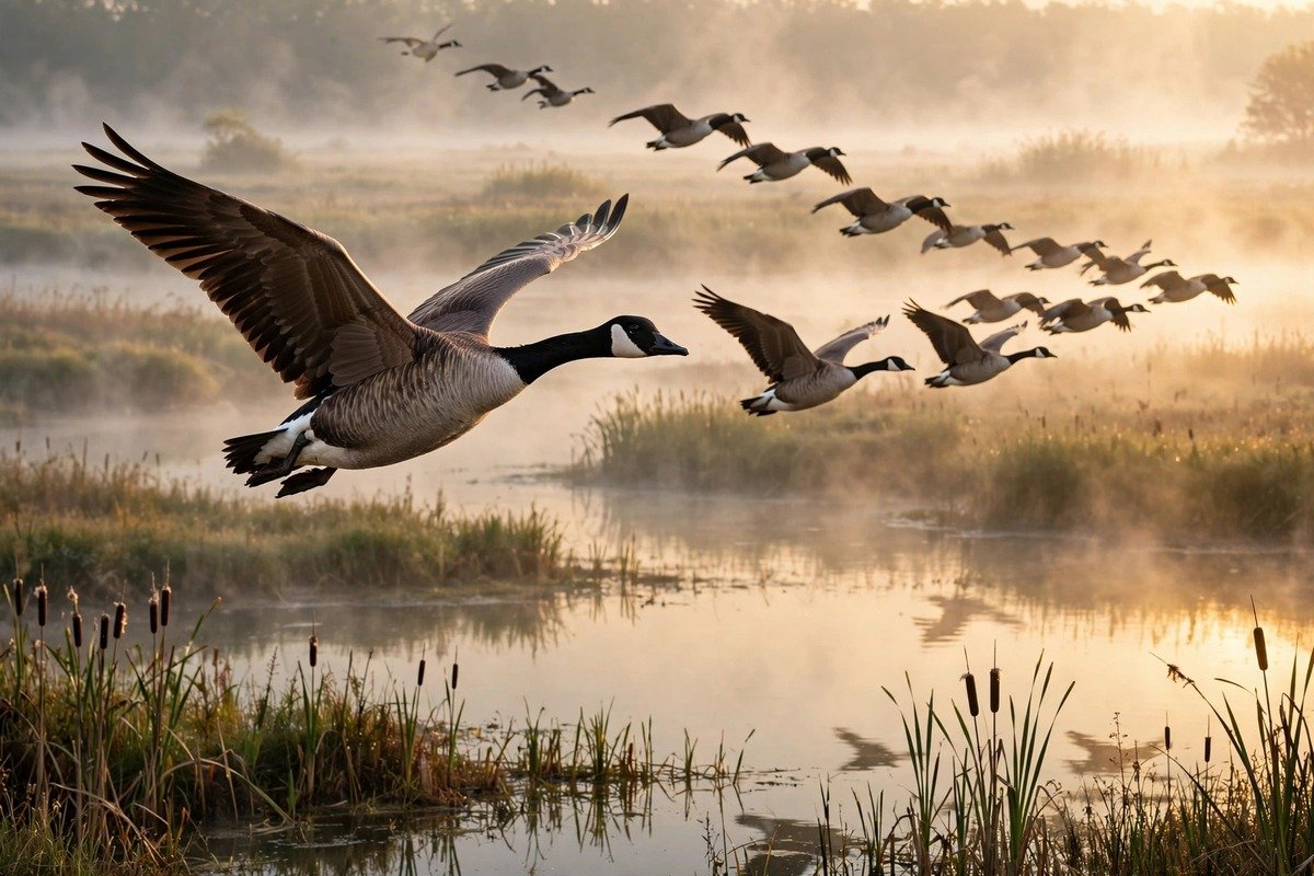 Flock of Canada geese flying in V formation at sunrise over misty wetlands