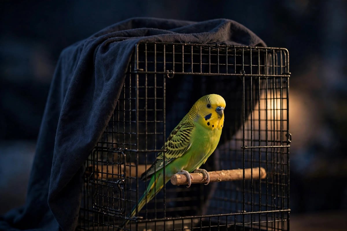 A budgie perched calmly inside a cage with a soft dark fabric cover partially draped over it, illustrating why you should cover your bird cage at night
