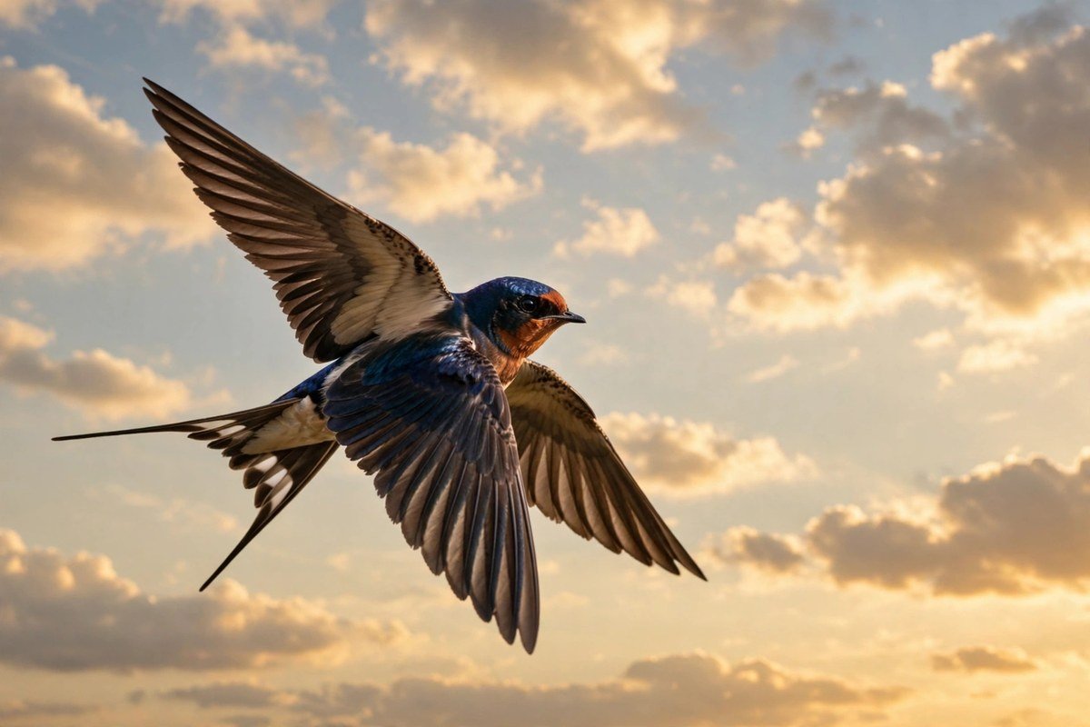 Barn swallow with forked tail in flight against a dramatic sky; tracking long-distance migrants like this helps explain how birds navigate migration routes
