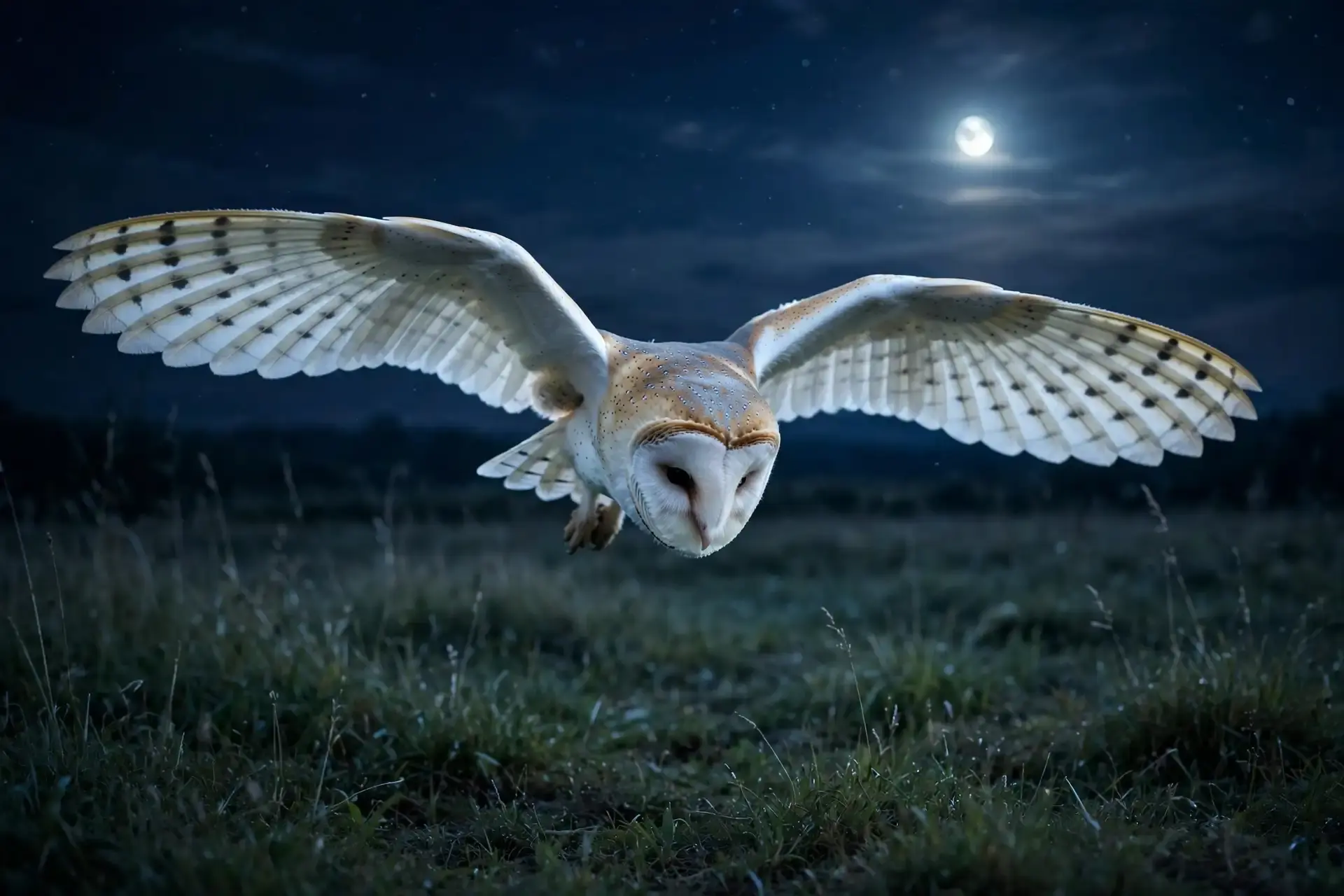 Barn owl in flight at night with wings spread, hunting low over a moonlit grassy field