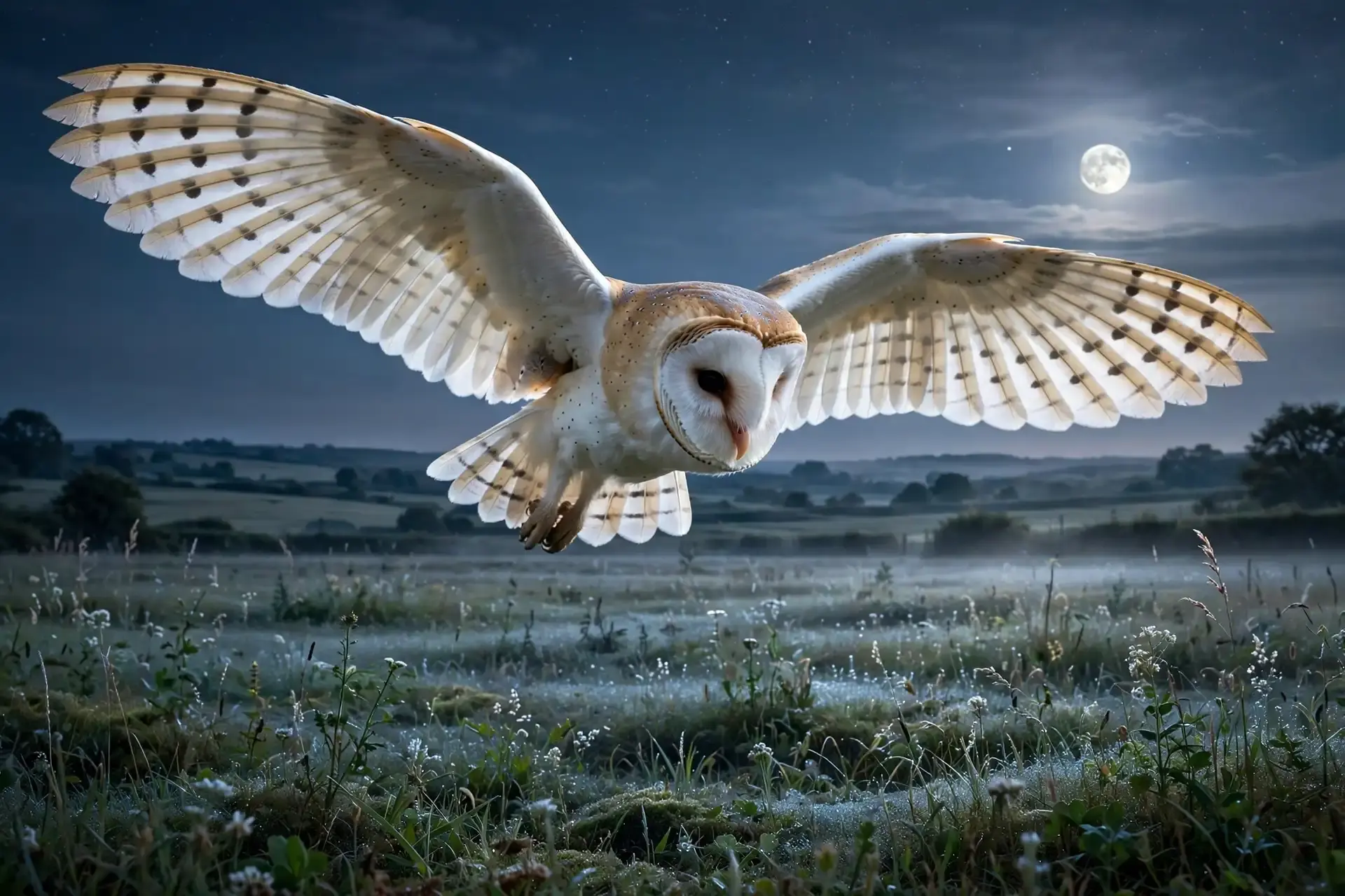 Why Are Owls Associated With Halloween? Folklore, Myths, and the Real Bird 2 A barn owl with wings spread wide gliding silently over a moonlit meadow at night