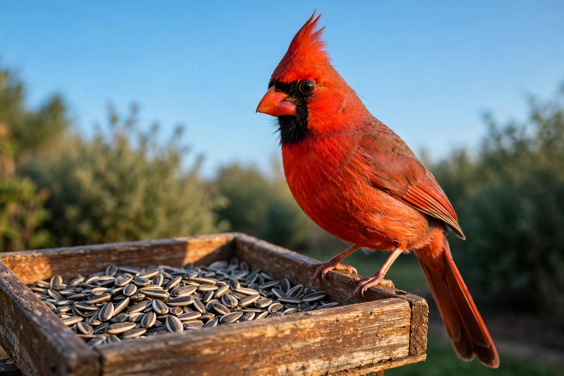 A bright red male Northern Cardinal perched on the edge of a wooden tray platform feeder filled with sunflower seeds