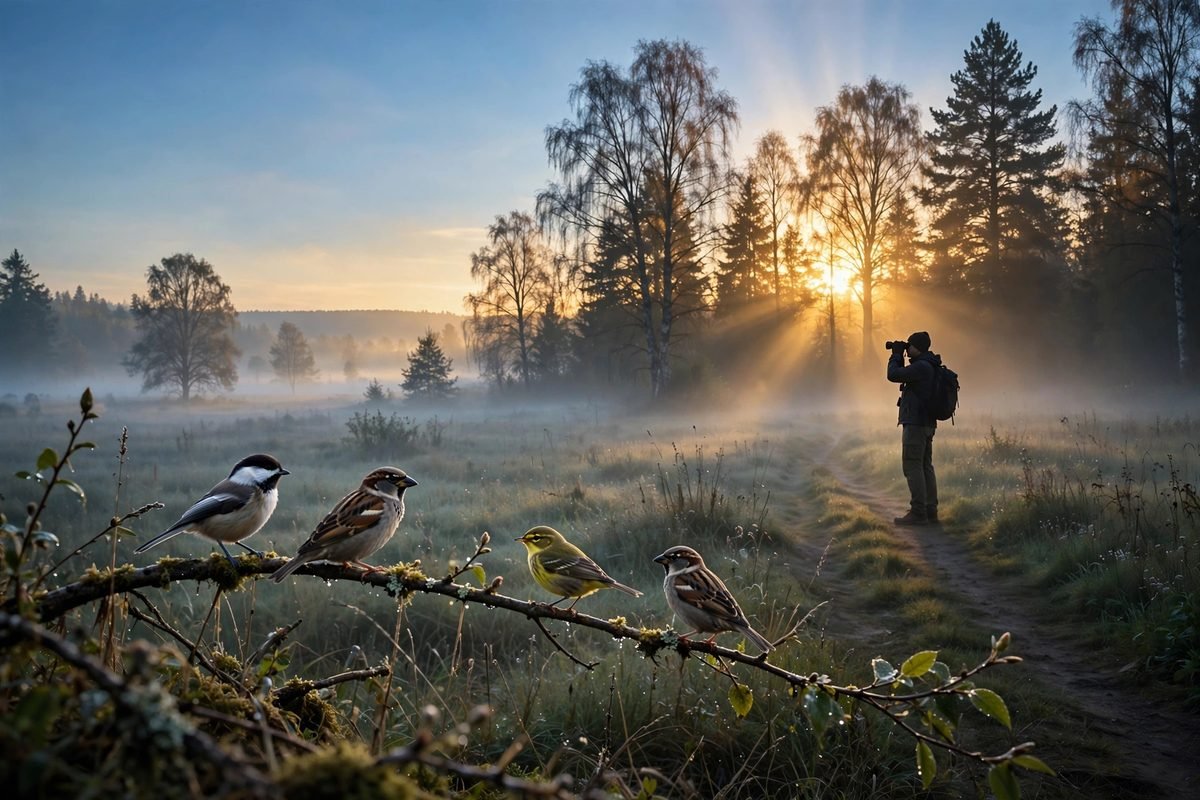 Birder with binoculars watching songbirds at sunrise in a misty meadow, the best time of day to see birds