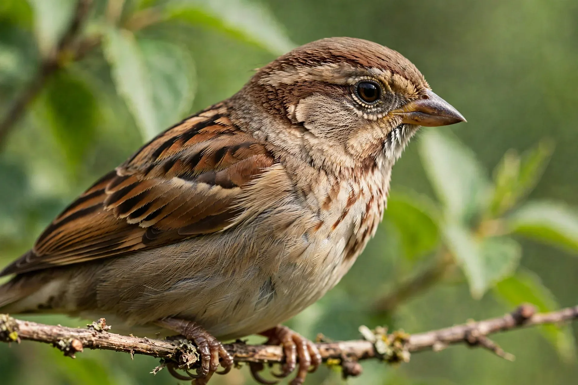 Side view of a small songbird head showing the eye on the side of the head and the beak