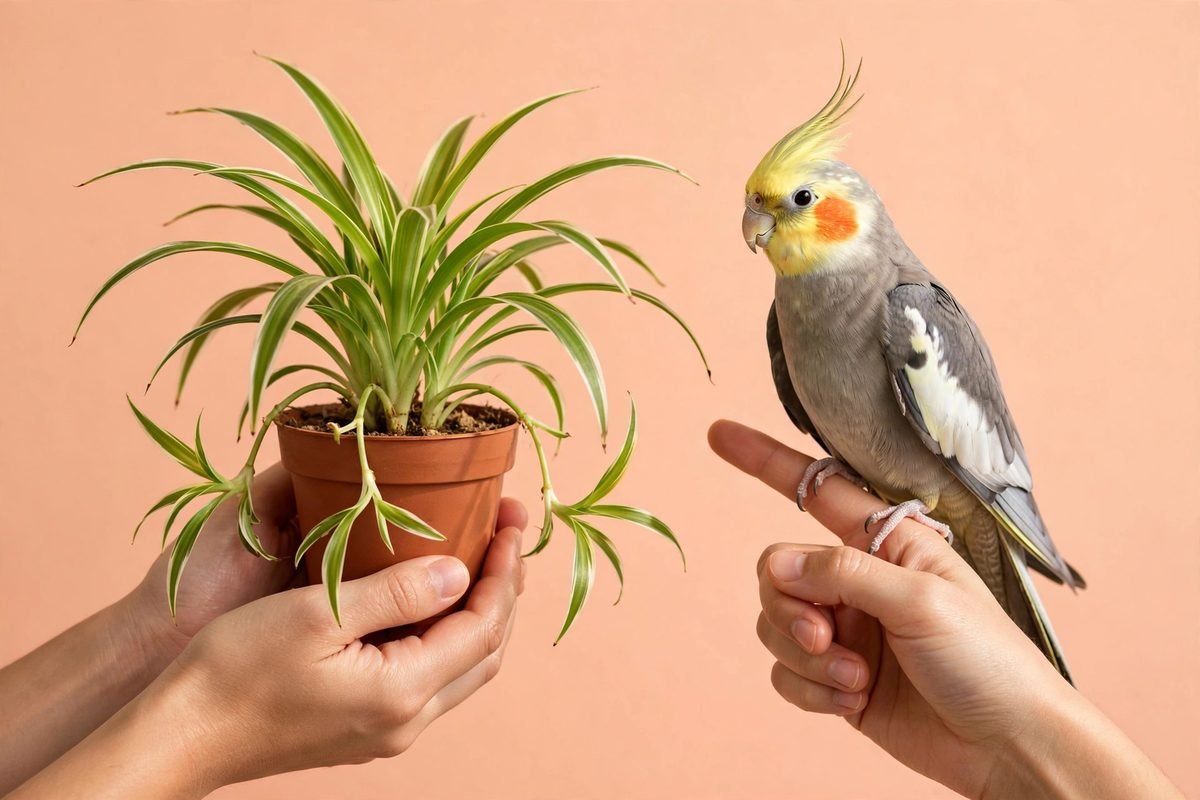 Spider Plant Safe for Birds Hand holding a potted spider plant next to a cockatiel