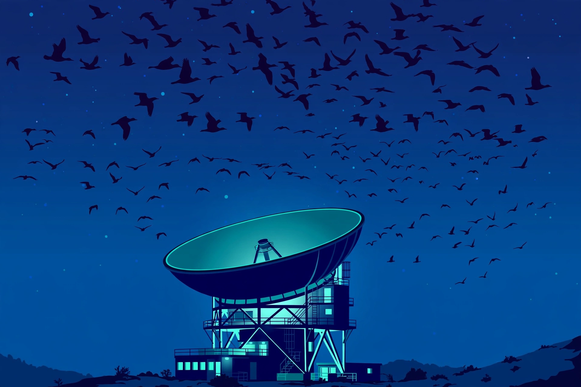 Night sky full of migrating bird silhouettes over a glowing radar dish observatory in deep blue tones