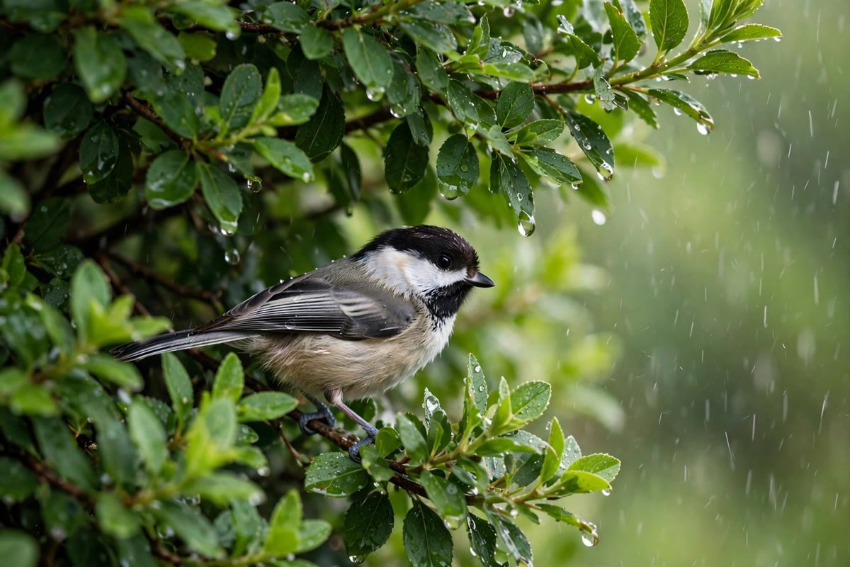 Chickadee sheltering under dense wet foliage in the rain, illustrating where do birds go when it rains