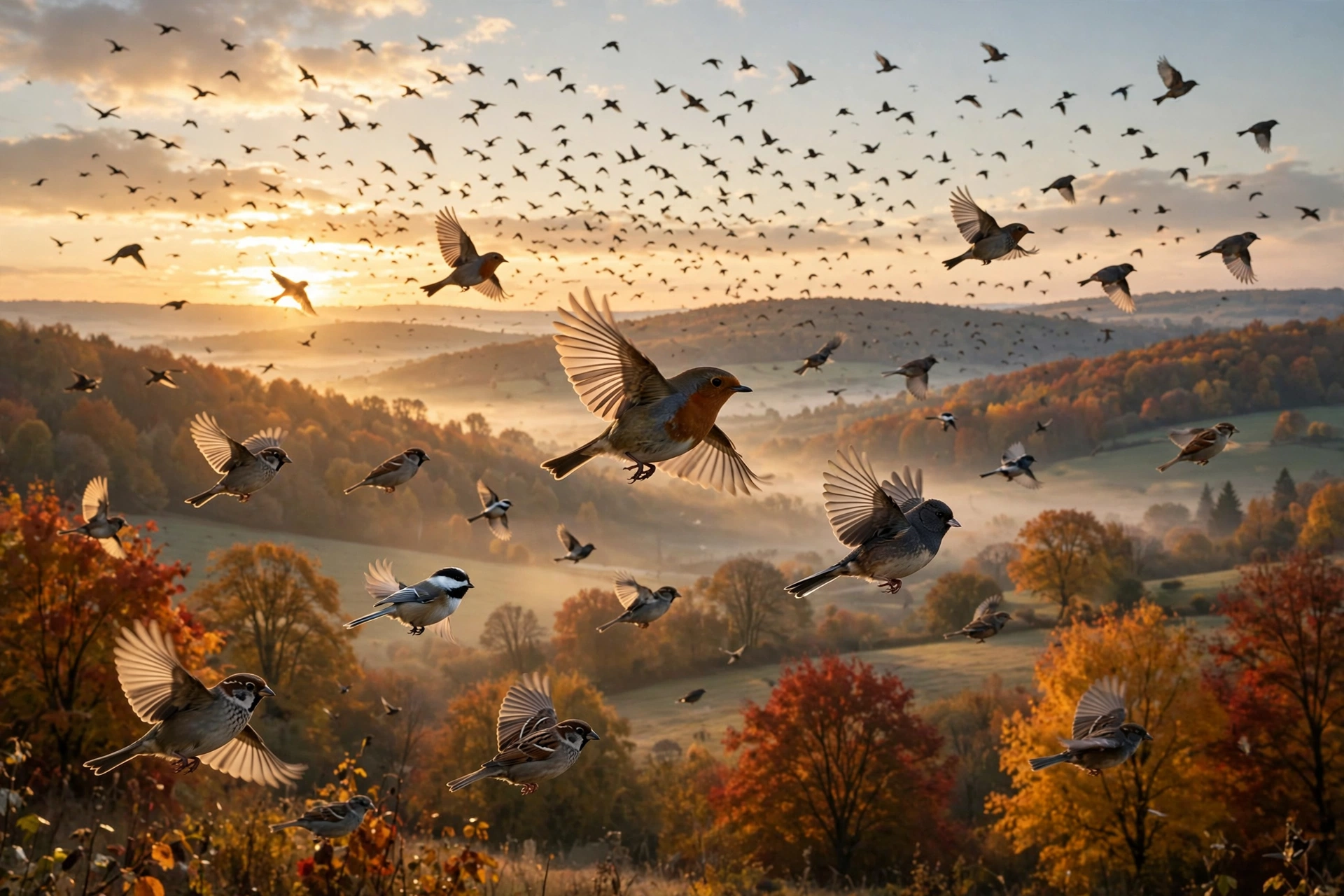 A mixed flock of songbirds flying over rolling autumn hills at sunrise