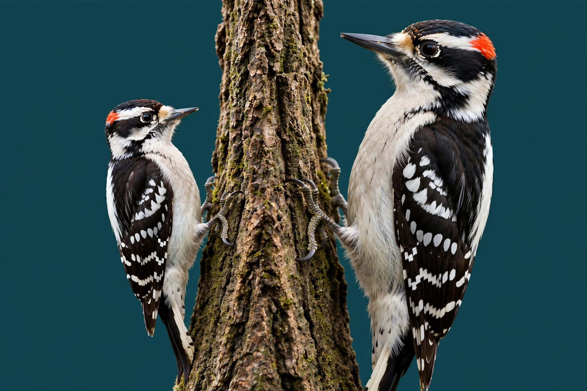 A small downy woodpecker and a larger hairy woodpecker clinging to a tree trunk, showing their black and white plumage and different bill sizes