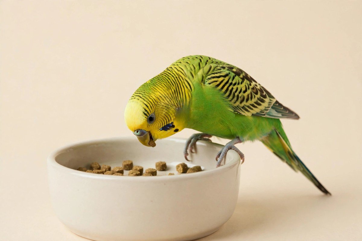 Green budgerigar eating pellets from a ceramic bowl, the staple of what do budgies eat on a balanced diet