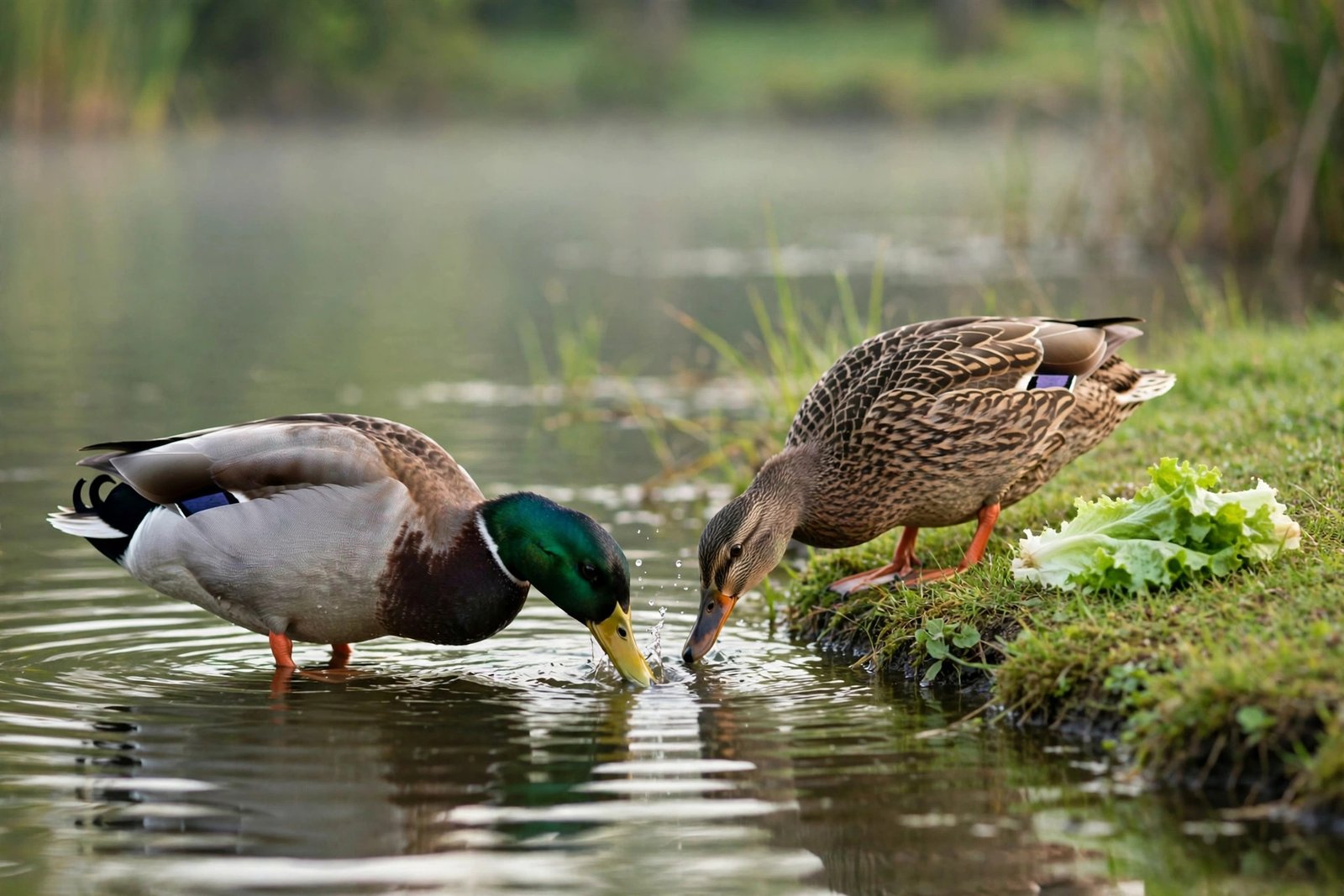 Mallard ducks at a pond edge with fresh greens, illustrating can birds eat bread and what to feed instead
