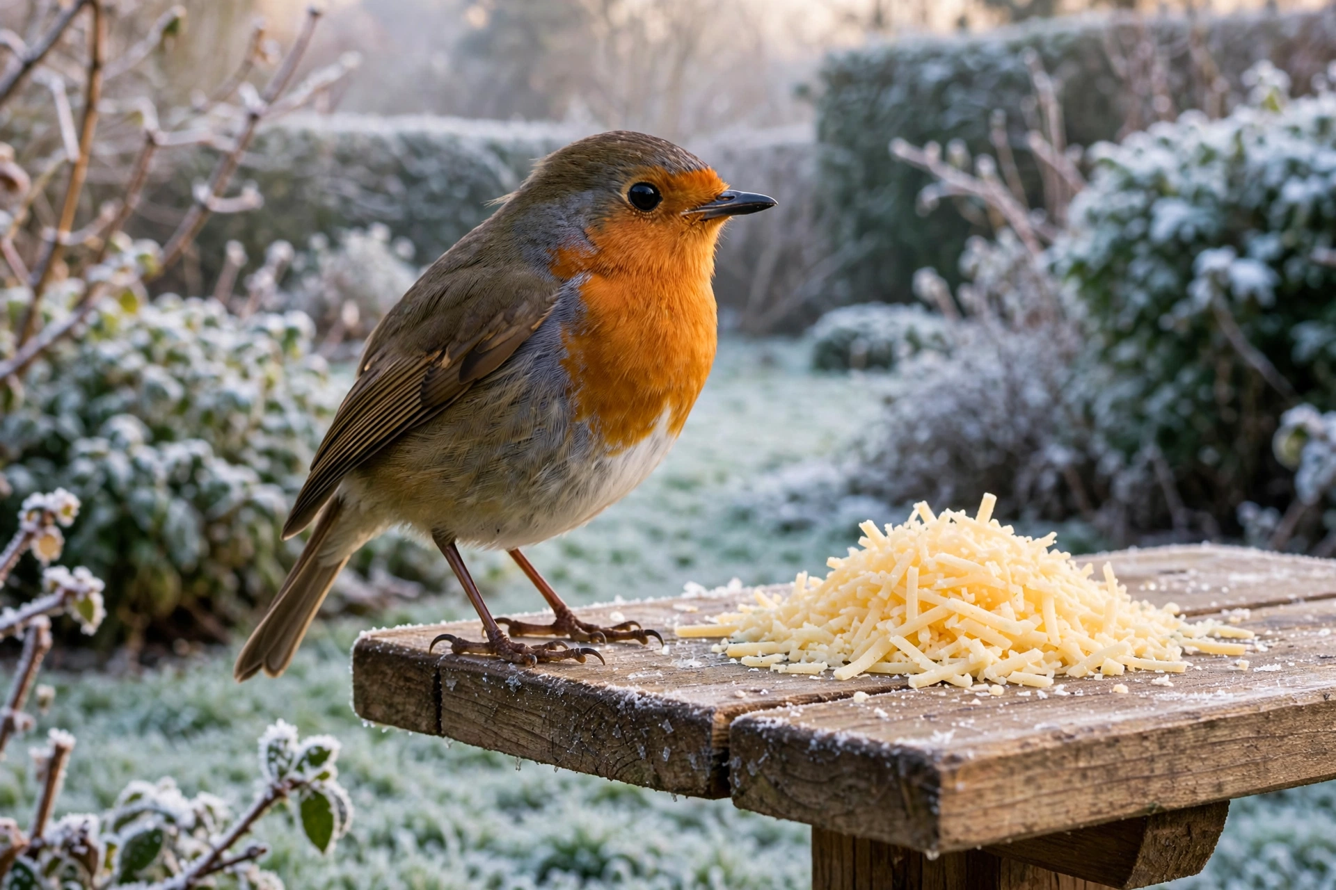 A European robin perched on a wooden bird table next to a small pile of grated mild cheddar in a snowy garden