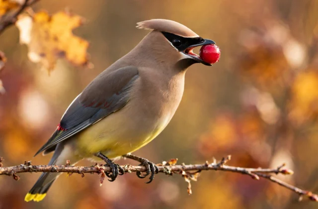 Cedar waxwing perched on a branch holding a fresh red cranberry in its beak, autumn leaves blurred behind