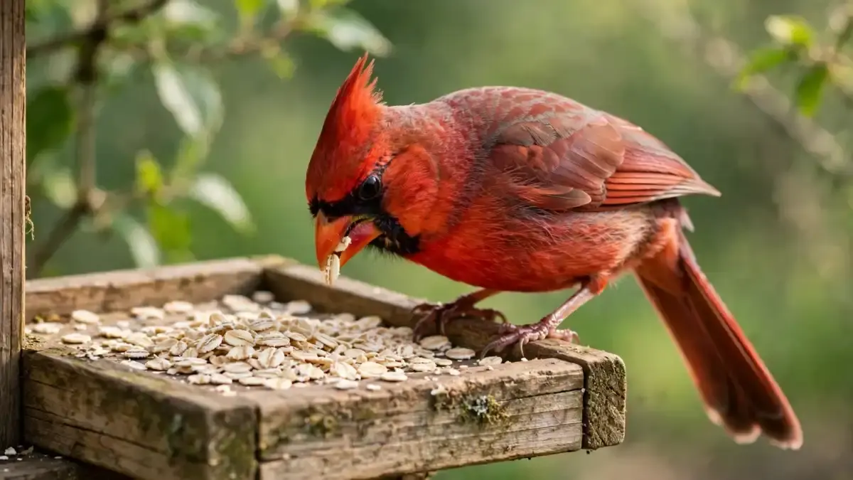Northern cardinal eating plain rolled oats from a wooden platform feeder