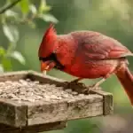 Northern cardinal eating plain rolled oats from a wooden platform feeder