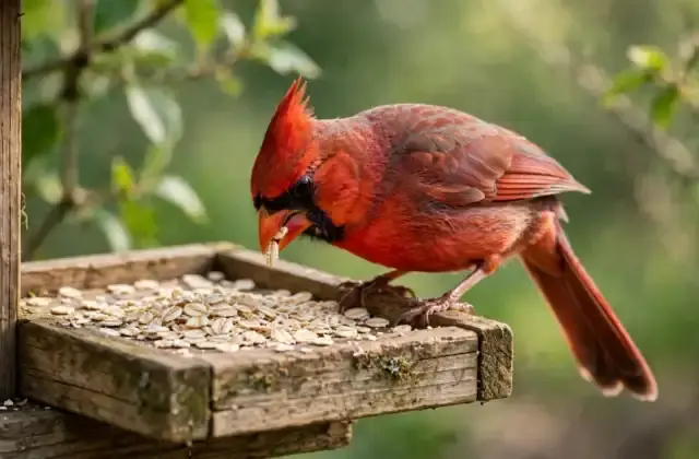 Northern cardinal eating plain rolled oats from a wooden platform feeder