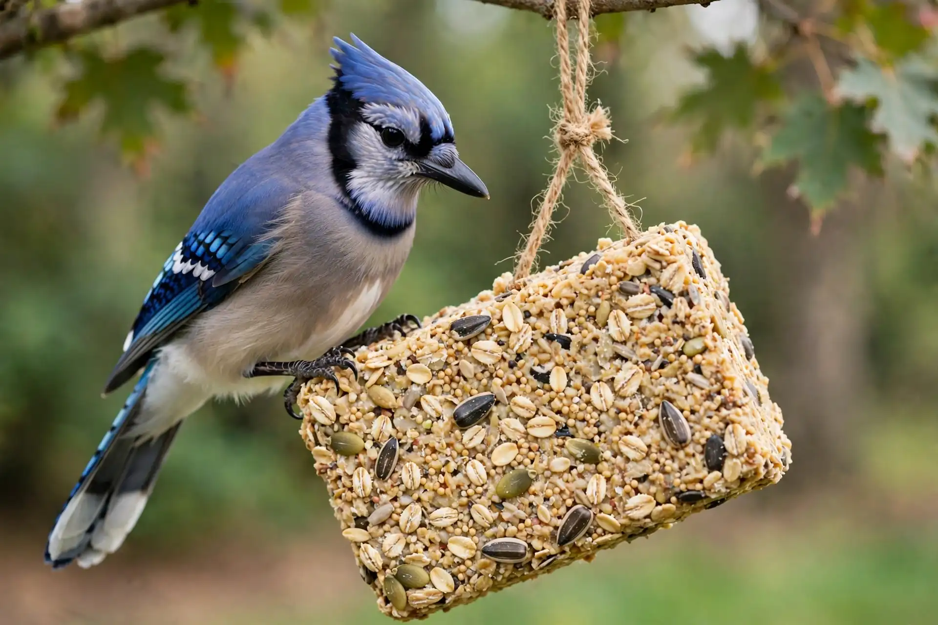Blue jay perched at a homemade suet block made with oats and seeds