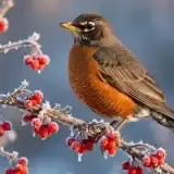 An American robin perched on a frosty branch covered in red winter berries