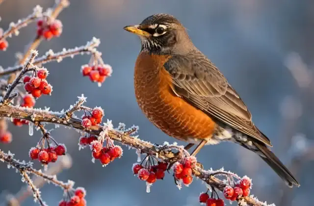 An American robin perched on a frosty branch covered in red winter berries