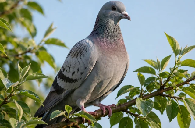 A calm pigeon perched on a branch, illustrating the question can birds get rabies