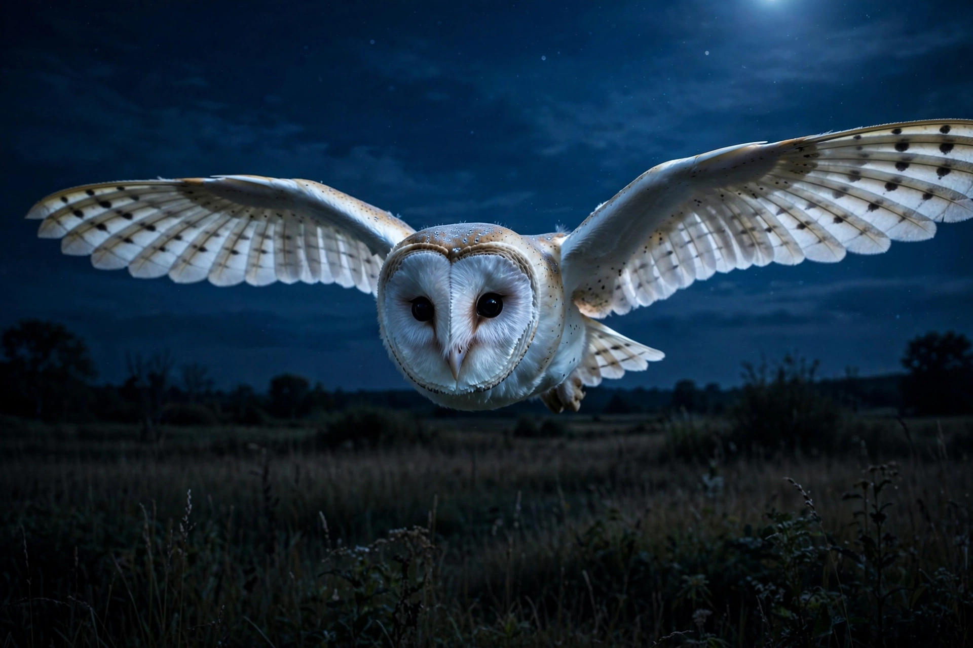 Barn owl flying across a moonlit night sky with its large dark eyes alert
