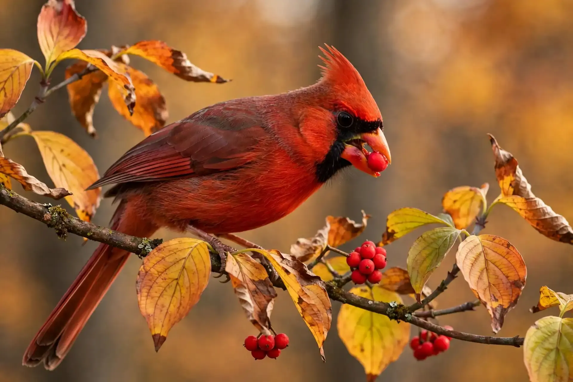 A male northern cardinal eating red berries from a dogwood branch in autumn