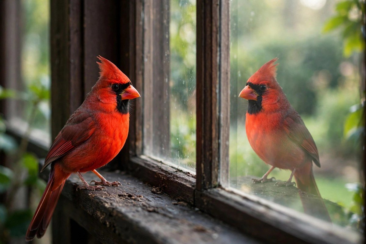 Male Northern Cardinal perched at a window, a classic example of why birds peck at windows