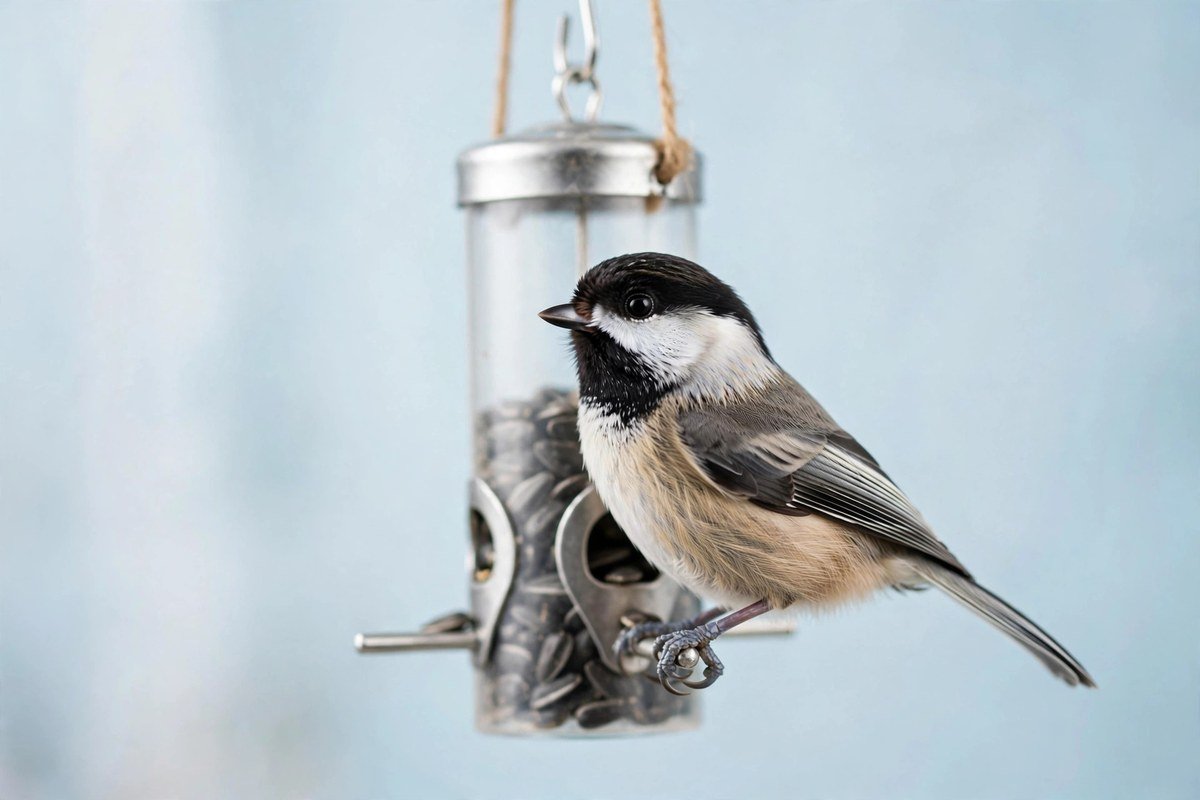 A black-capped chickadee perches on a hanging tube feeder, illustrating how to attract chickadees with the right feeder
