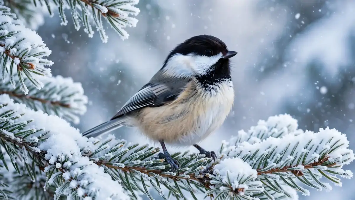 A black-capped chickadee with fluffed plumage perched on a snow-covered pine branch during light snowfall
