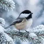 A black-capped chickadee with fluffed plumage perched on a snow-covered pine branch during light snowfall