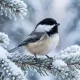 A black-capped chickadee with fluffed plumage perched on a snow-covered pine branch during light snowfall
