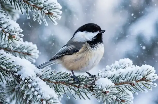 A black-capped chickadee with fluffed plumage perched on a snow-covered pine branch during light snowfall