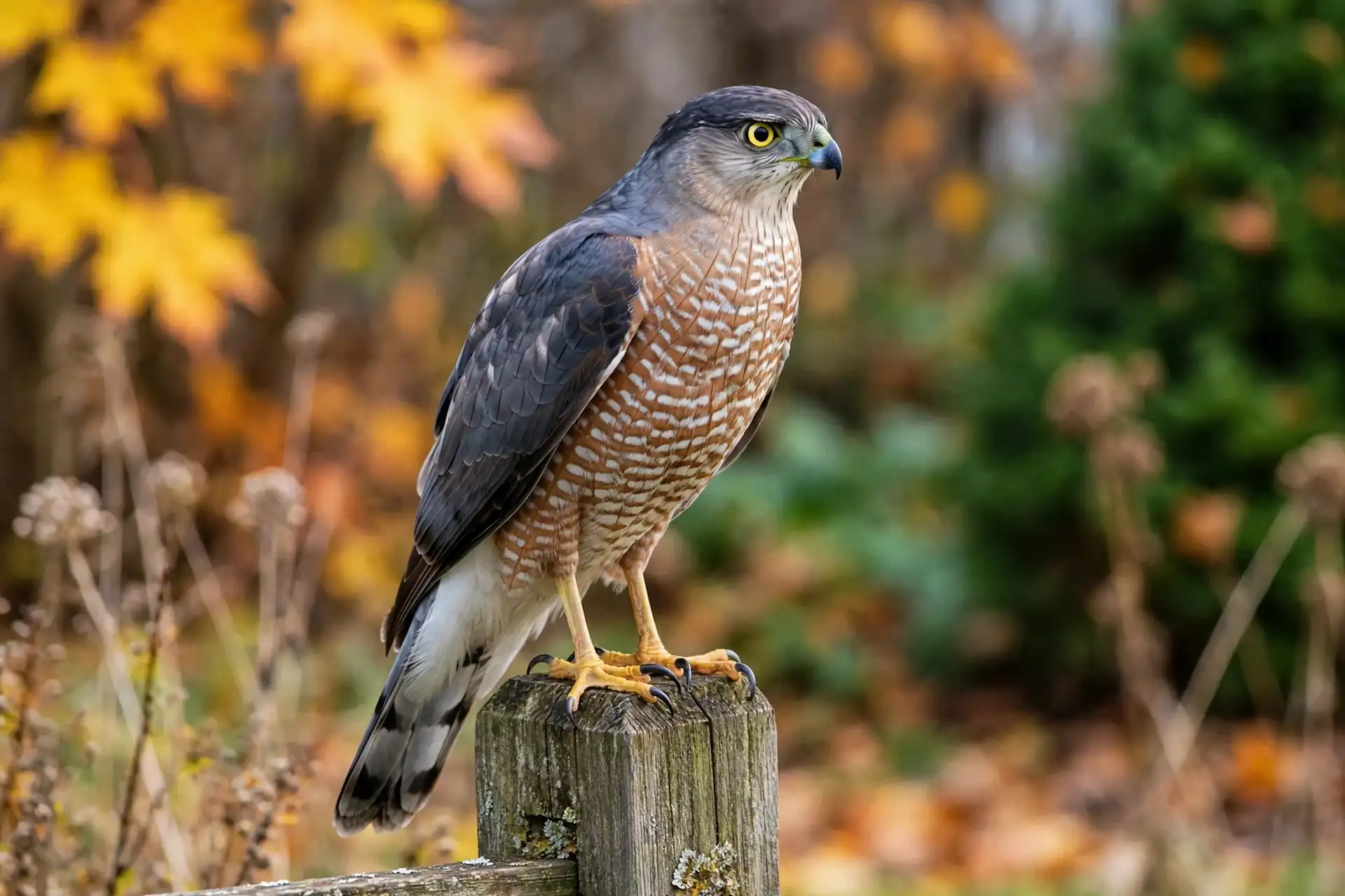 A Cooper's hawk perched alertly on a backyard fence post in autumn