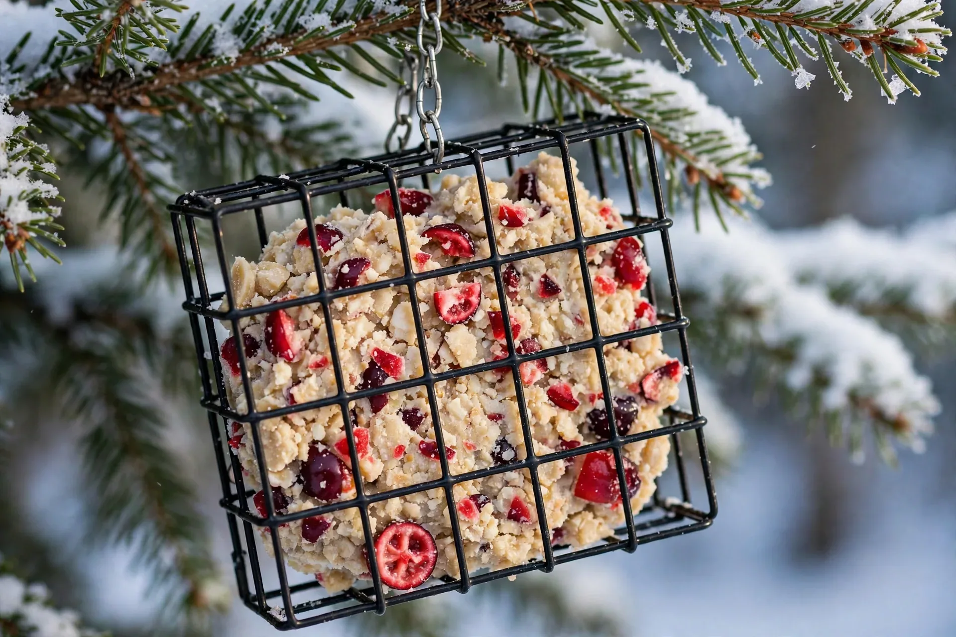 Chopped cranberries mixed into homemade suet in a wire suet cage hanging from a tree